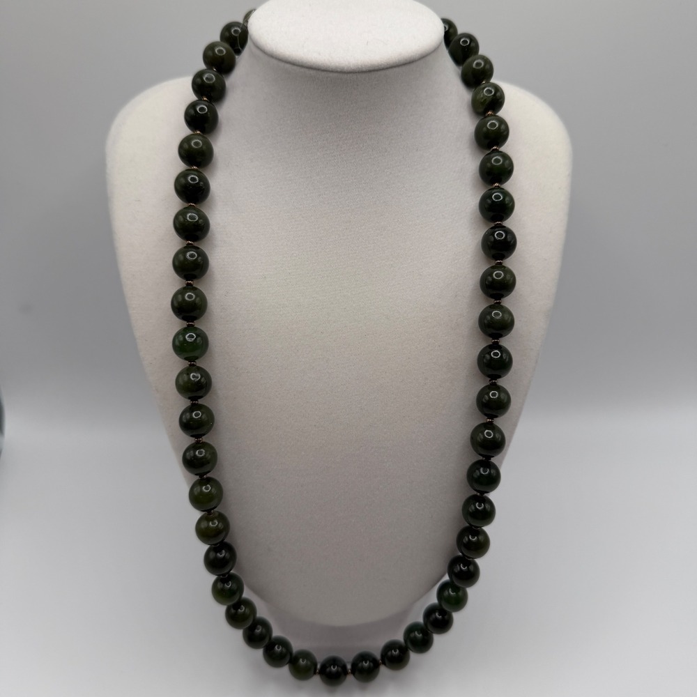 Stunning Vintage Nephrite‎ Jade Bead Necklace Sterling Silver 925S Gold Vermeil